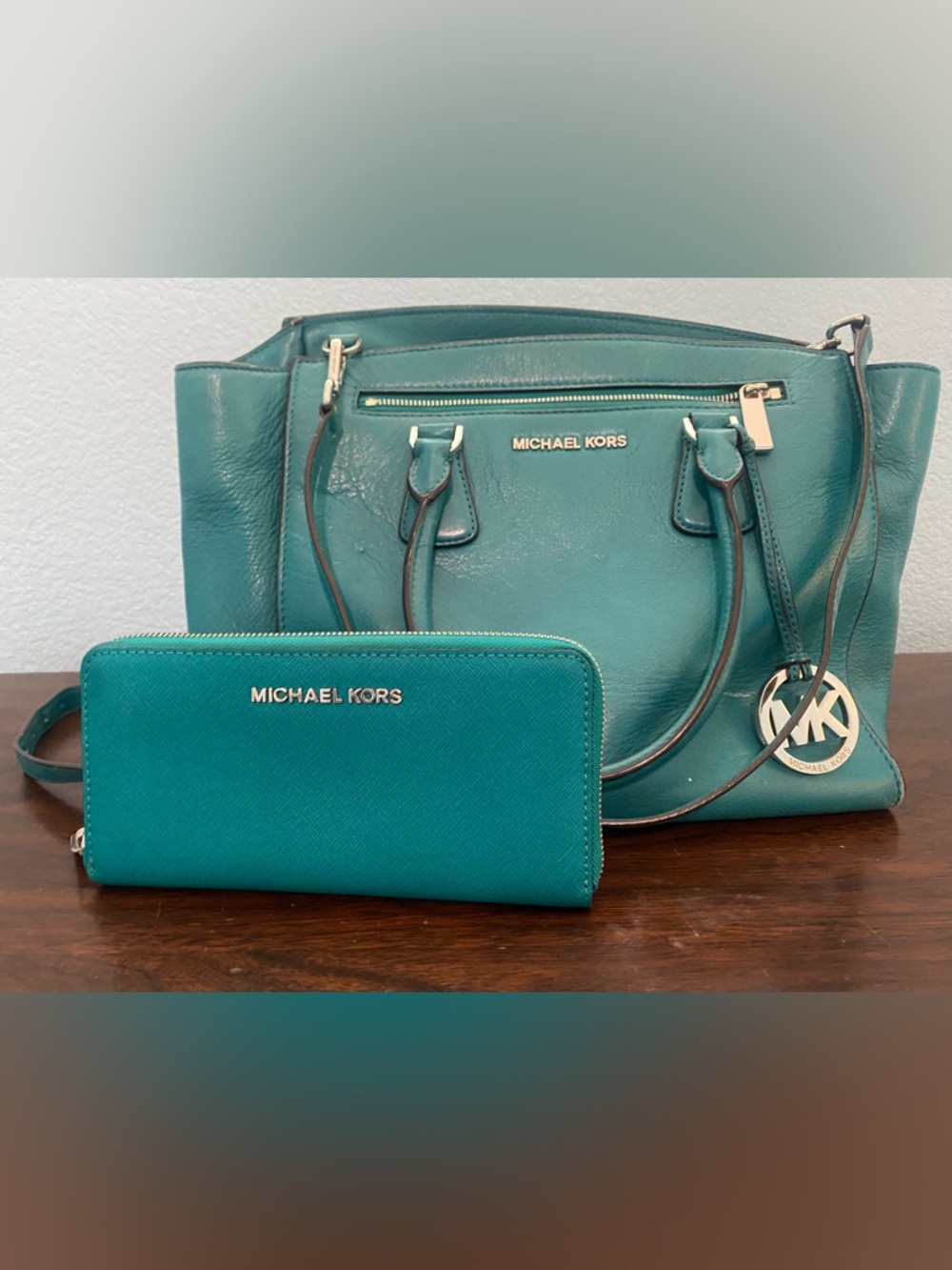 Michael Kors Teal Leather Tote with Matching Wallet Set